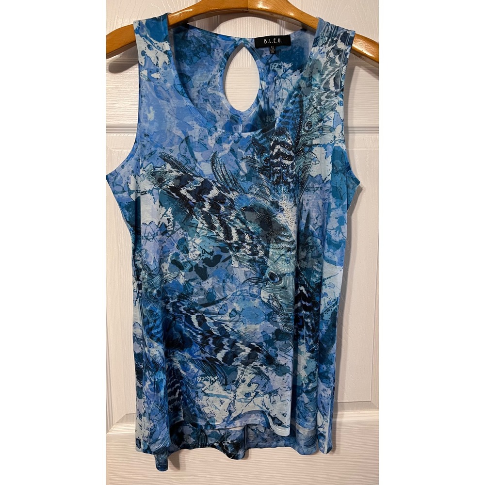 B.L.E.U. Womens Blue Abstract Peacock Rhinestone Keyhole Tank‎ Top XL